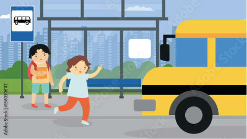 School bus and children vector illustration in flat style. Back to school concept.