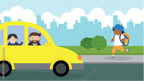 cute interracial couple in the bus stop characters vector illustration design