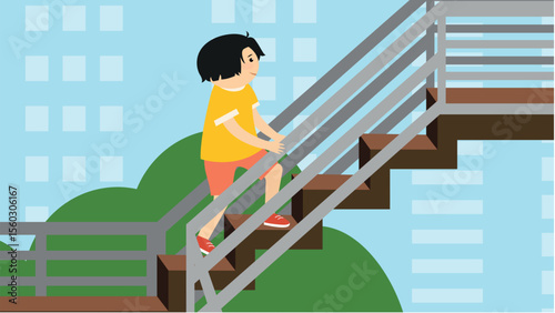 Boy climbing stairs in the park. Vector illustration in flat style.