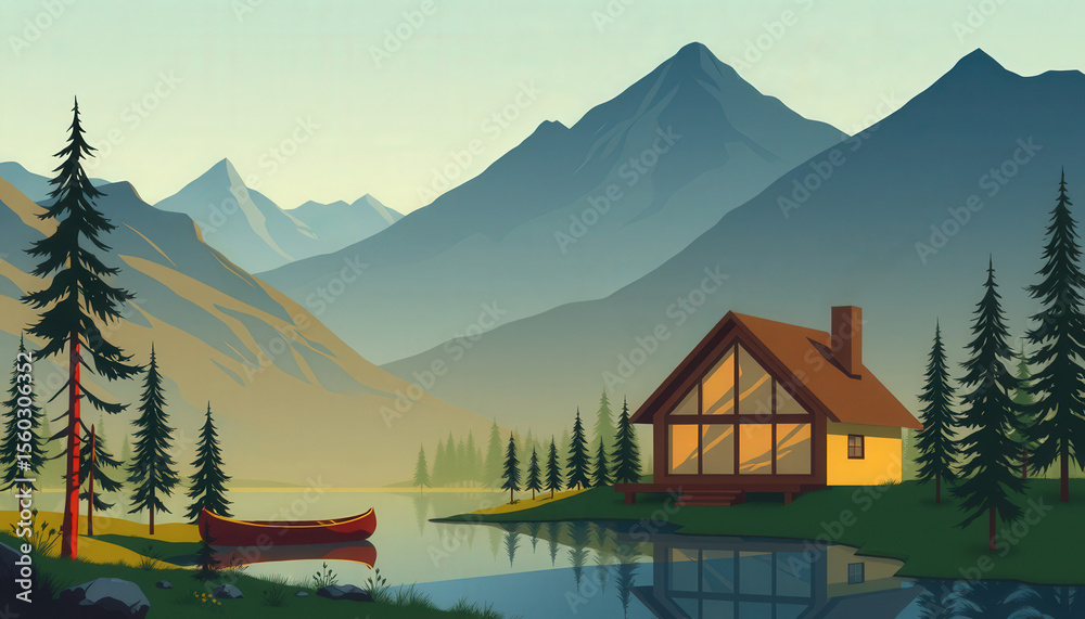 Fototapeta premium serene lakeside cabin surrounded by tall pine trees and majestic mountains, with red canoe resting on shore. tranquil water reflects natural beauty of landscape.
