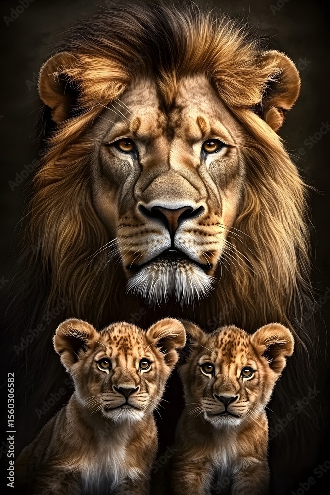 Fototapeta premium Lion family portrait: father and cubs