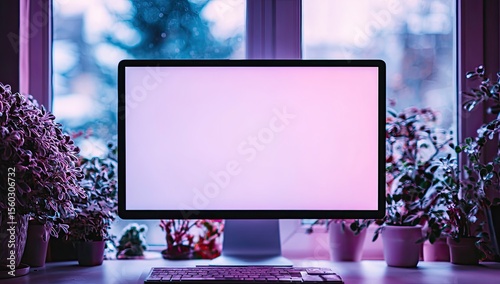 Computer monitor on a windowsill surrounded by plants