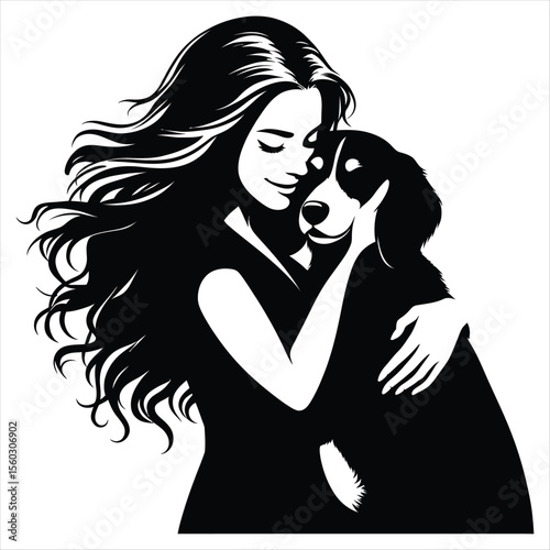 Girl Hugging Dog Silhouette Vector Illustration for Pet Love, Animal Care, and Friendship