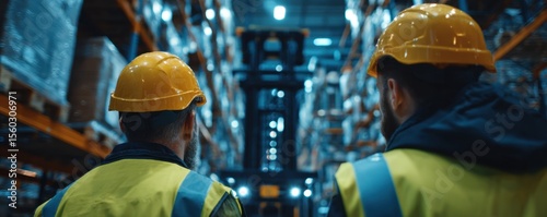 Two warehouse workers in hard hats observe a forklift operating in a busy industrial setting.