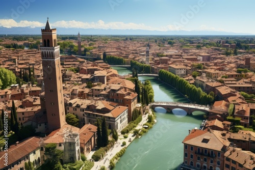 Aerial view of verona, italy, featuring the iconic torre dei lamberti and the adige river winding through the city's historic center