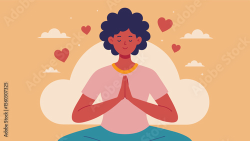 A person meditating with their hands on their heart focusing on their breath and repeating positive affirmations promoting selflove and compassion towards oneself.. Vector illustration
