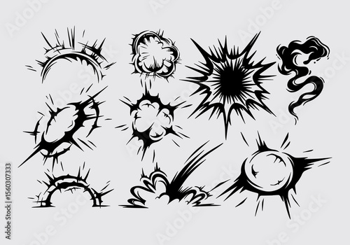 Cloud bomb smoke vapor explossion illustration vector collection set cartoon element, silhouette, clip art, splash editable