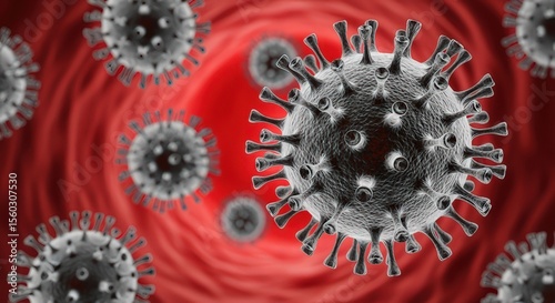 Microscopic Grey Virus Cells Floating in Red Body Tube Digital Scientific Illustration