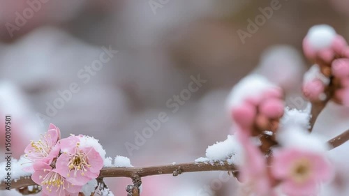Pink bird perched on a branch with pink blossoms and snow