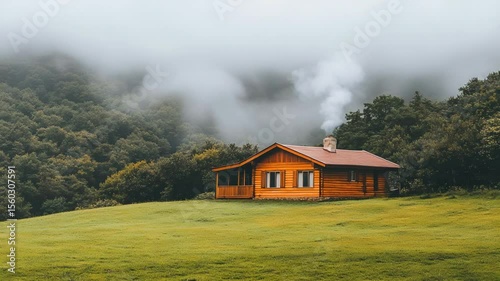 Wooden cabin in a grassy field with misty mountains
