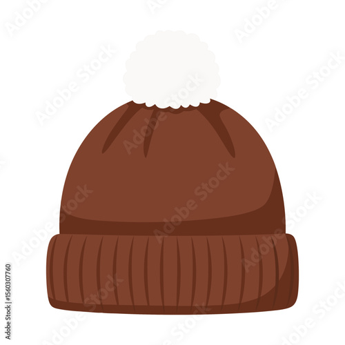 Cozy Brown Knitted Beanie Hat with Pom Pom Flat Design Vector Illustration - Winter Headwear Graphic