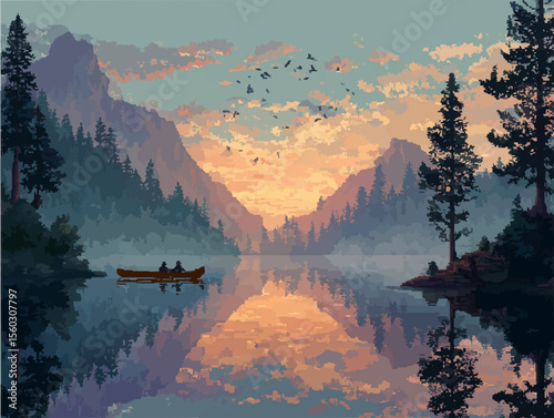 Pixel Art of a Tranquil Lake at Sunrise with Canoe Reflections Pine Trees and Birds in a Soft Misty Mountain Scene