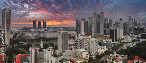 Photography Aerial View of Singapore Cityscape at Sunset with Marina Bay Sands