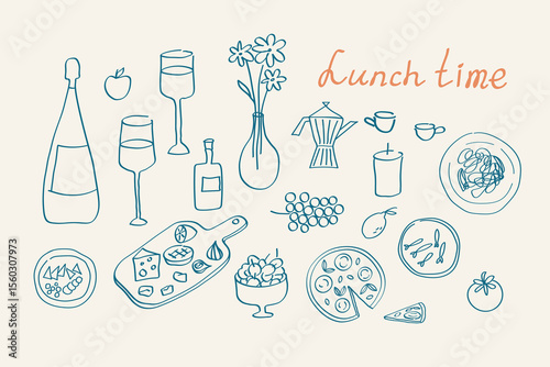 Mediterranean Italian cuisine outline sketch. Hand drawn ink trendy doodle with rustic food, wine, vegetable, herb, fish, oil, pasta, pizza on ornate for lunchtime table. Design for branding, menu 