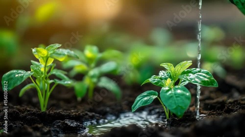 Watering young plants in the garden