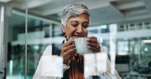 Thinking, coffee and business woman in office by glass for inspiration, ideas and solution. Professional, corporate and mature worker with beverage on break for planning, positive mindset and relax