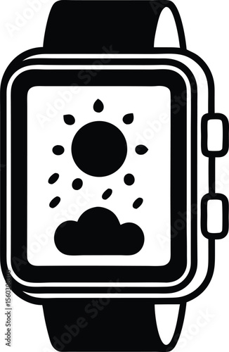 Smartwatch Display: Captivating view of a smartwatch screen showcasing a weather forecast with a vivid depiction of sun, clouds, and rain.