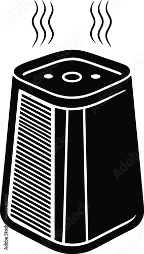 Air Humidifier Illustration: A sleek, stylized illustration of a modern air humidifier. Steam rises from the top of the appliance.