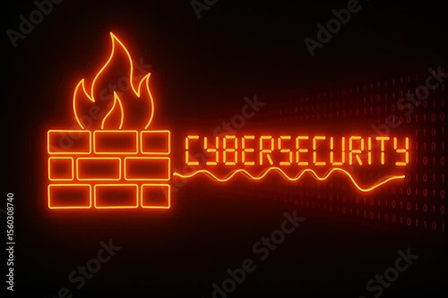 Cybersecurity Firewall Illustration with Neon Red Glowing Effect and Binary Code Background – Visual Concept for Network Protection, Online Security, Data Defense, and Information Safety