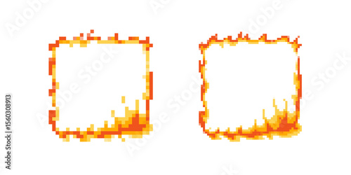 Pixel art flame icons feature burning square borders in bright orange and yellow colors.