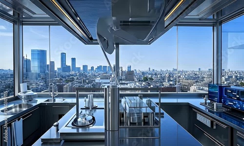 Modern stainless steel kitchen with city view