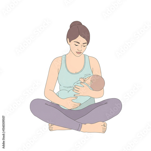 Mother breastfeeding baby cross-legged – minimal flat vector