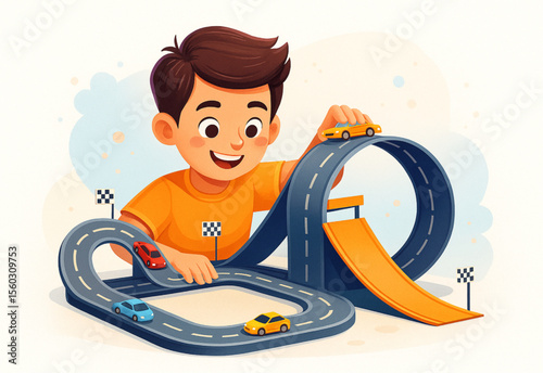 Boy is playing with his toy race cars on a toy race track enjoying childhood and the thrill of racing in this delightful scene.