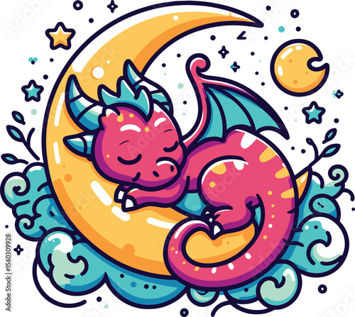 Cute Sleeping Dragon on Crescent Moon