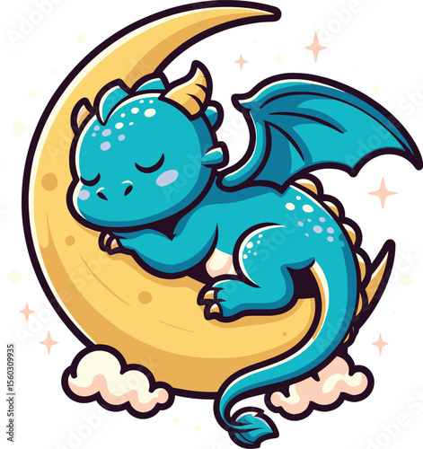 Cute Sleeping Dragon on Crescent Moon
