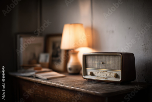 vintage radio broadcasting in cozy room filled with cultural artifacts symbolizing impact of radio on culture
