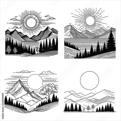 Scenic Mountain Landscape with Sun and Forests - Black and White Illustration