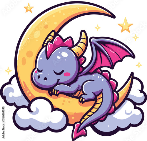 Cute Sleeping Dragon on Crescent Moon