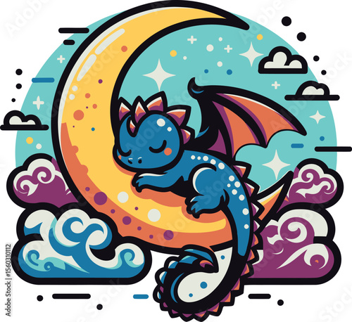 Cute Sleeping Dragon on Crescent Moon