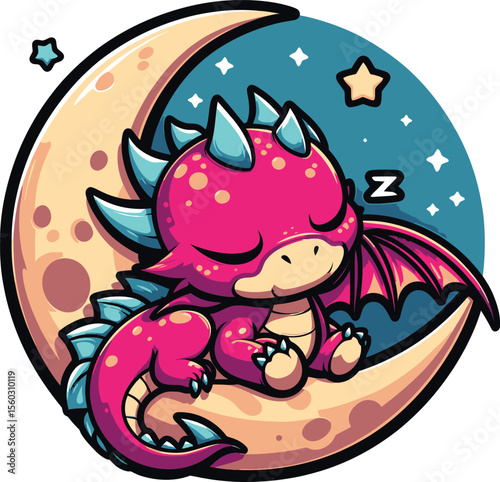 Cute Sleeping Dragon on Crescent Moon