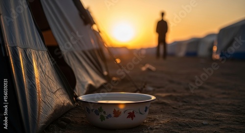 Sunset at Refugee Camp Desolate Bowl Reflects Warm Orange Glow Against Tent Backdrop