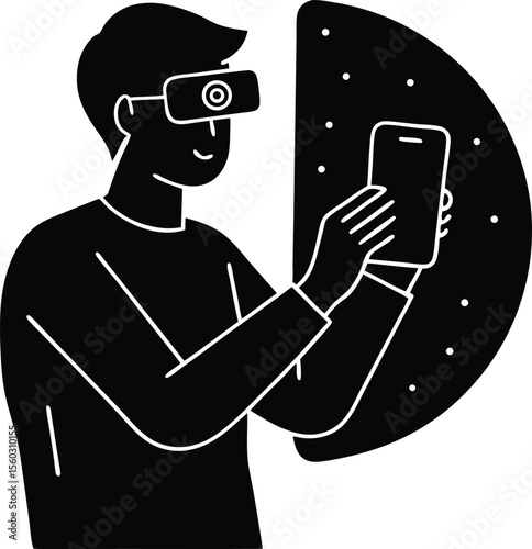 Virtual Immersion: A graphic representation of a person with VR glasses and phone, standing in front of a half circle of dots. The illustration signifies the technological age.