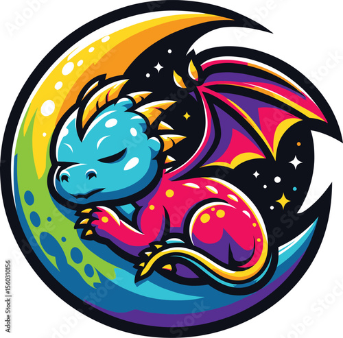 Cute Sleeping Dragon on Crescent Moon