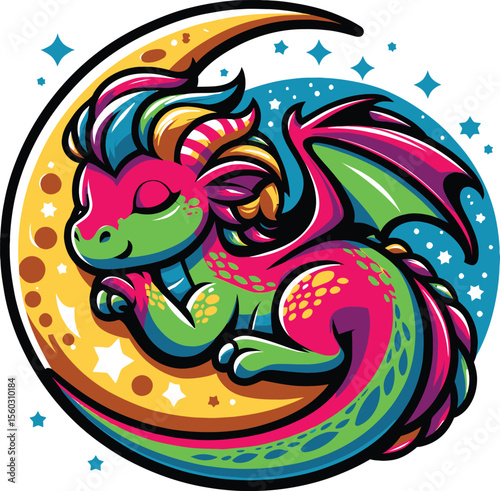 Cute Sleeping Dragon on Crescent Moon