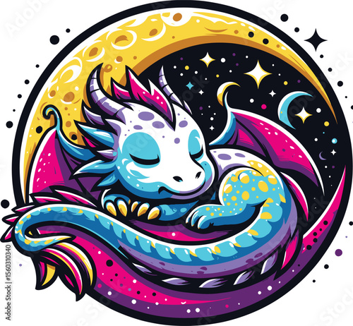 Cute Sleeping Dragon on Crescent Moon