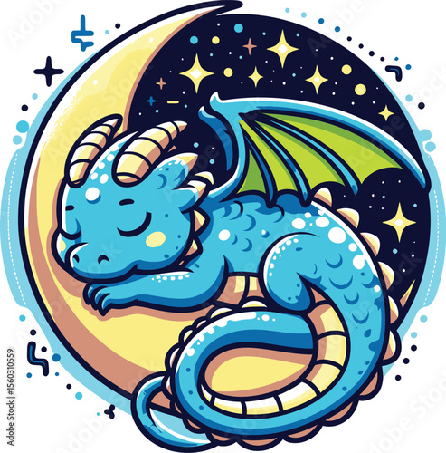 Cute Sleeping Dragon on Crescent Moon