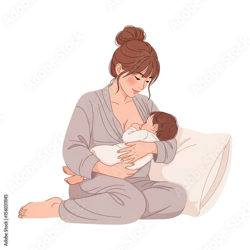 Reclined Asian mother breastfeeding baby – editorial flat vector