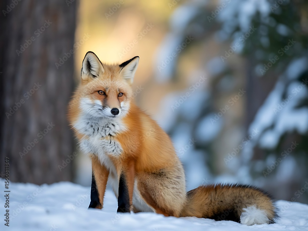 Fototapeta premium A fox beside the trees and bushes in a snowy land