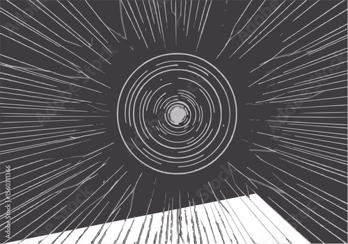 Abstract circular design with radiating lines and concentric rings on a dark background, evoking a digital or cosmic eye