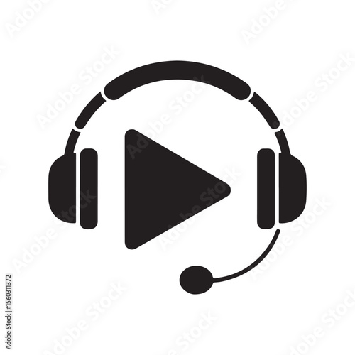 Black headphones with play button and microphone audio