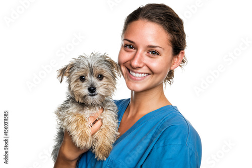 Smiling female veterinarian holding cute small dog isolated on transparent background