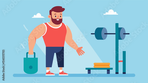 A previously timid man now confidently approaching the weight rack his onceshaking hands now steady as he prepares for his workout.. Vector illustration