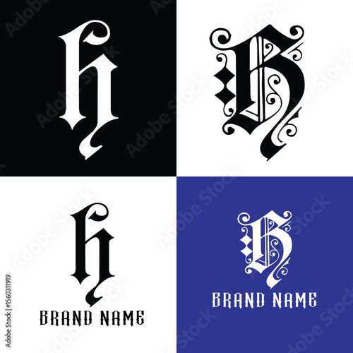 Old english H logo design, Old english H logo collection, Old english H  vector template, OH decorative logo