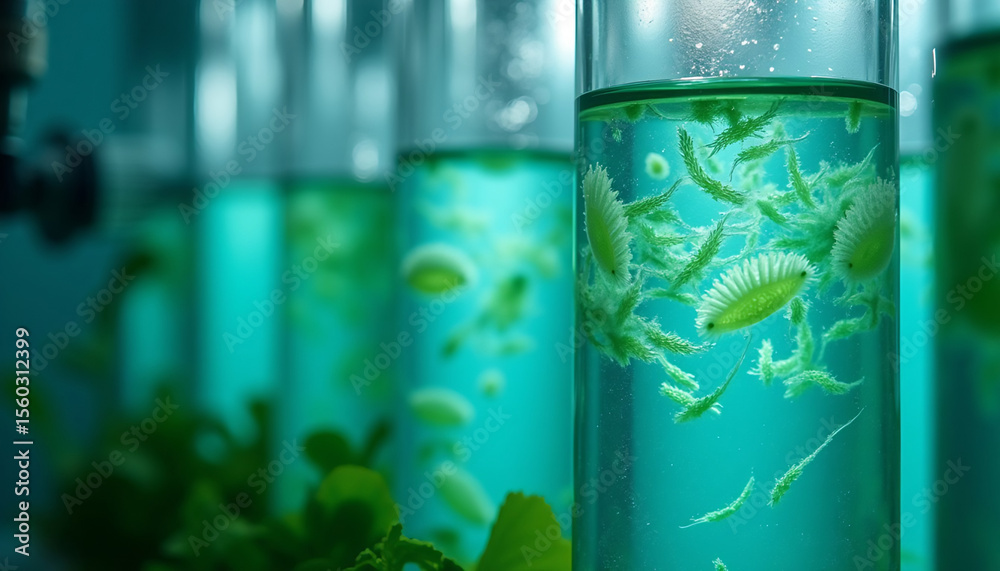 Fototapeta premium Green aquatic microorganisms in transparent tubes with teal water 