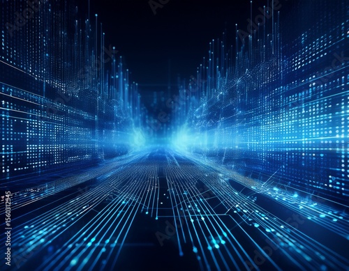 information technology and blue digital binary data network with coding and software algorithm programing as blue data flow abstract datum background banner