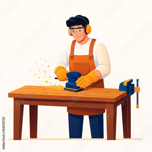 Illustration of a carpenter carefully sanding a wooden surface, wearing safety goggles and earmuffs for protection in the workshop.